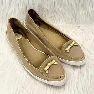 Tory Burch Dakota Flats Sneaker Canvas Leather Bow Logo Shoes, Tan/ Gold